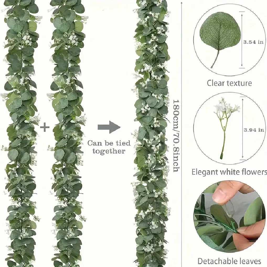 Lush 708 Faux Eucalyptus Garland With White Flowers - Perfect For Home Holiday Decor Wall Hanging Yard And Party AccentsM251115