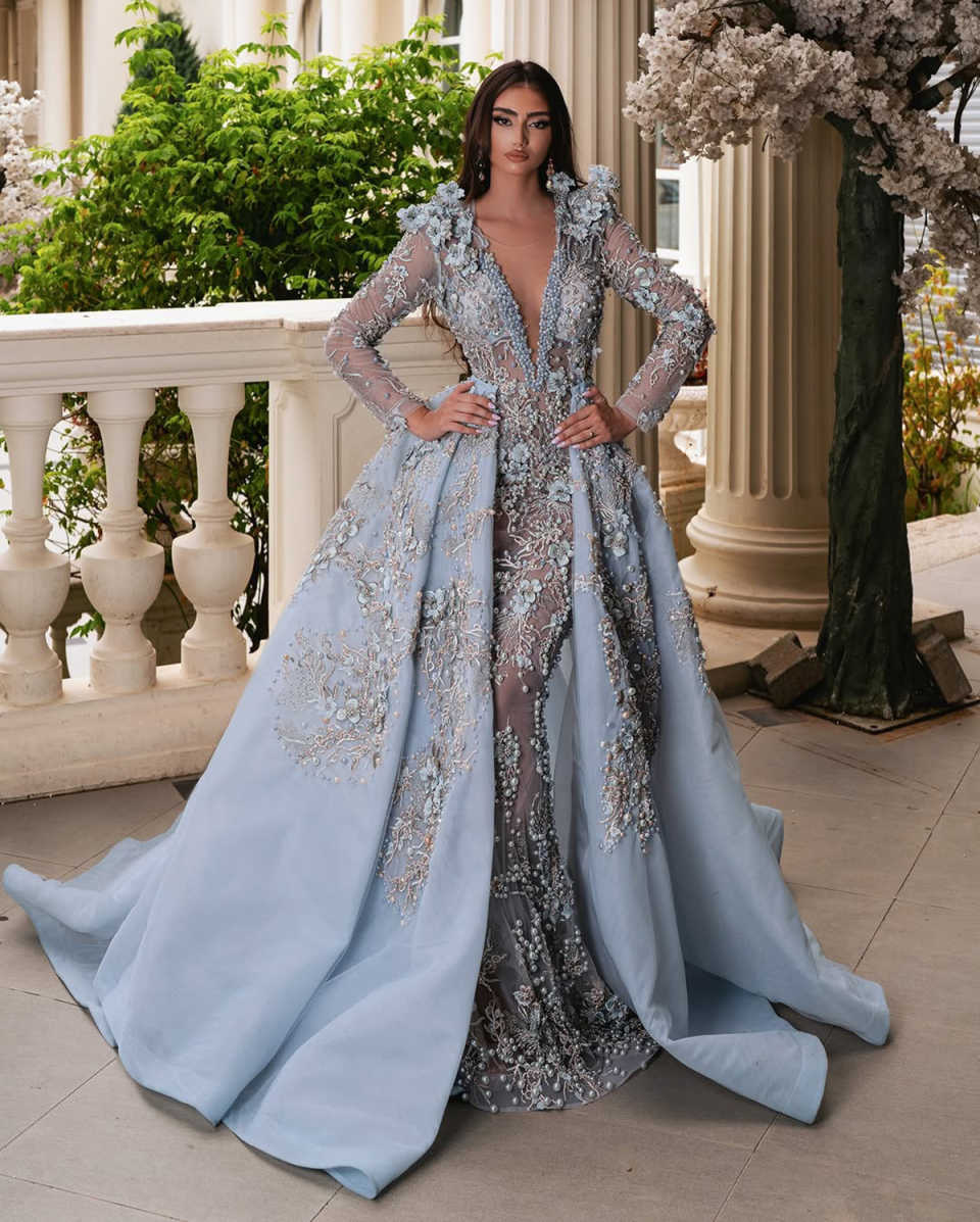 Mermaid Prom Gown V-Neck Evening Dress Crystal Flower Party Dresses Detachable Tail Bridal Gowns Robes De Mariee Size Customized L241637