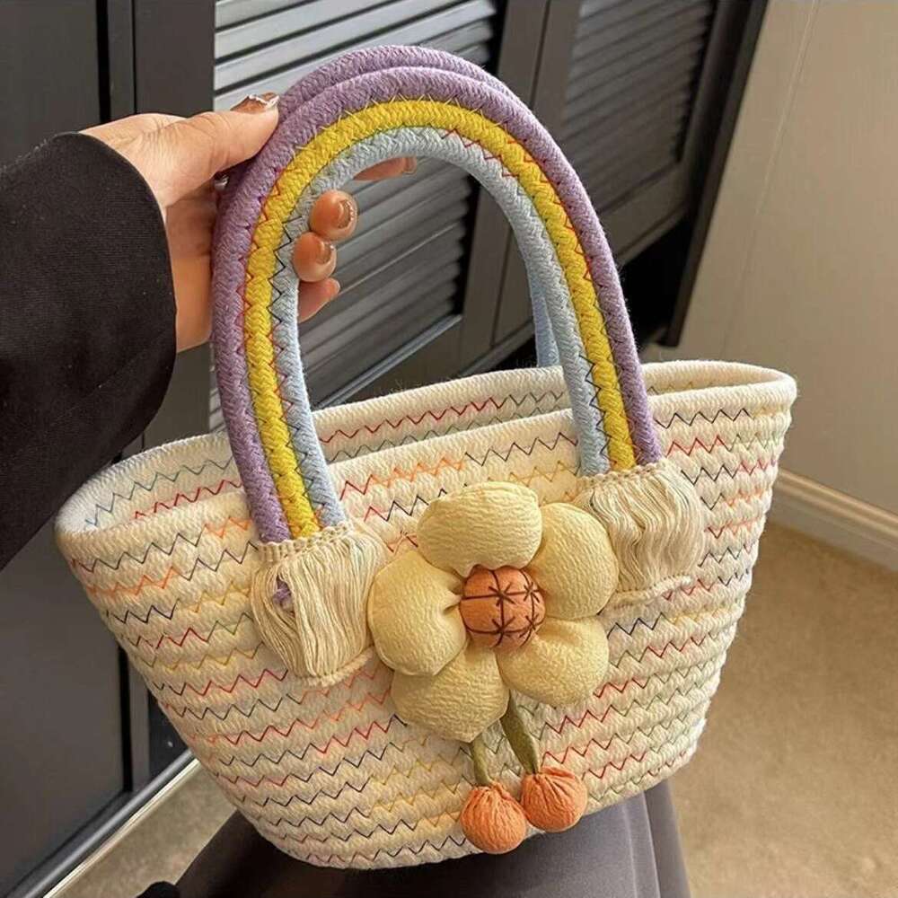 Handmade Beach Bag Sunflower Cloud Handheld Trendy Rainbow Cotton Rope Bag, Casual And Western-Style Woven Bag Kq2