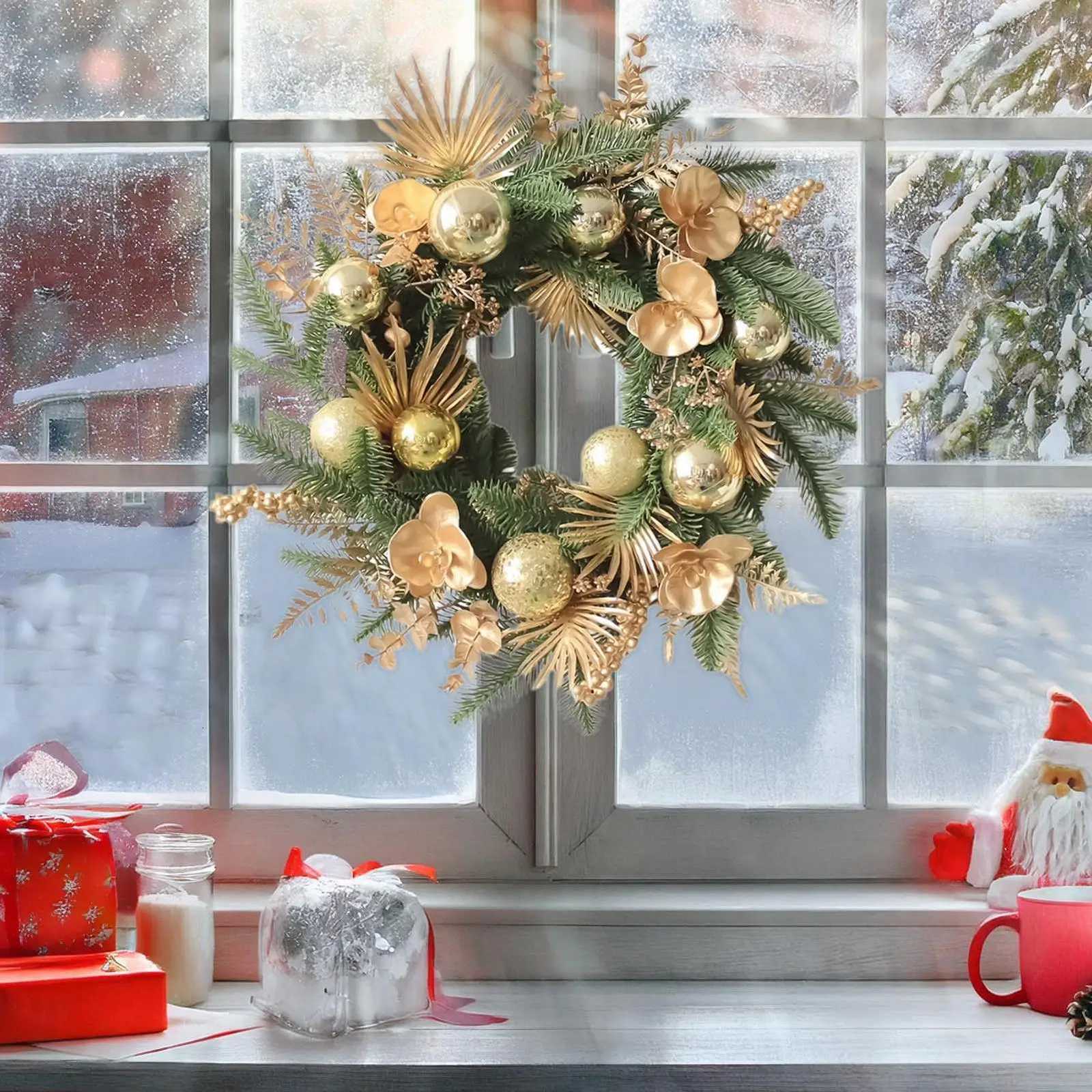 Christmas Wreath Outdoor Artificial Home Decor Golden Ball Pine Front Door Wreath For Wall Fireplace Bedroom Living Room OfficeM251115