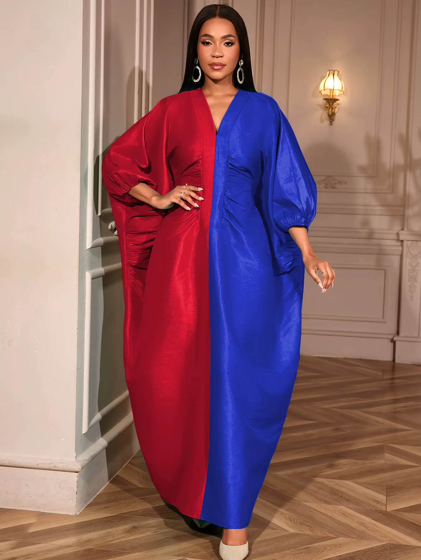 Elegant Long Loose Bubu Dresses African Ruched Batwing Sleeve V Collar Plus Size for Women AM050759