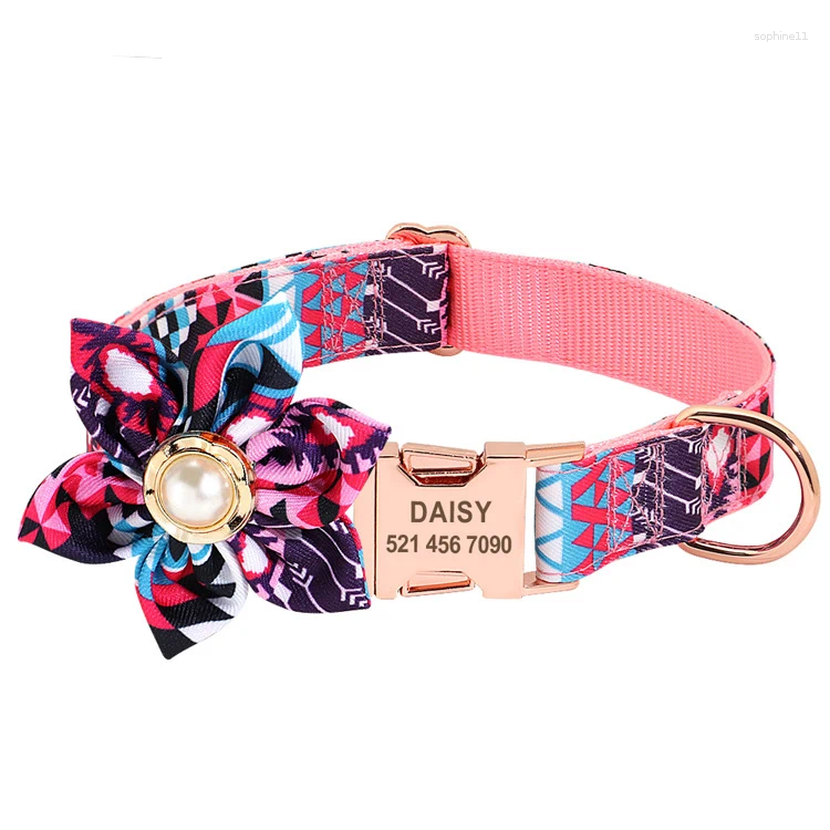Update Customized Dog Collar Nametag Ethnic Style Flower Decoration Cat Necklace Pet Puppy Free Engraving Name ID Tag Nameplate