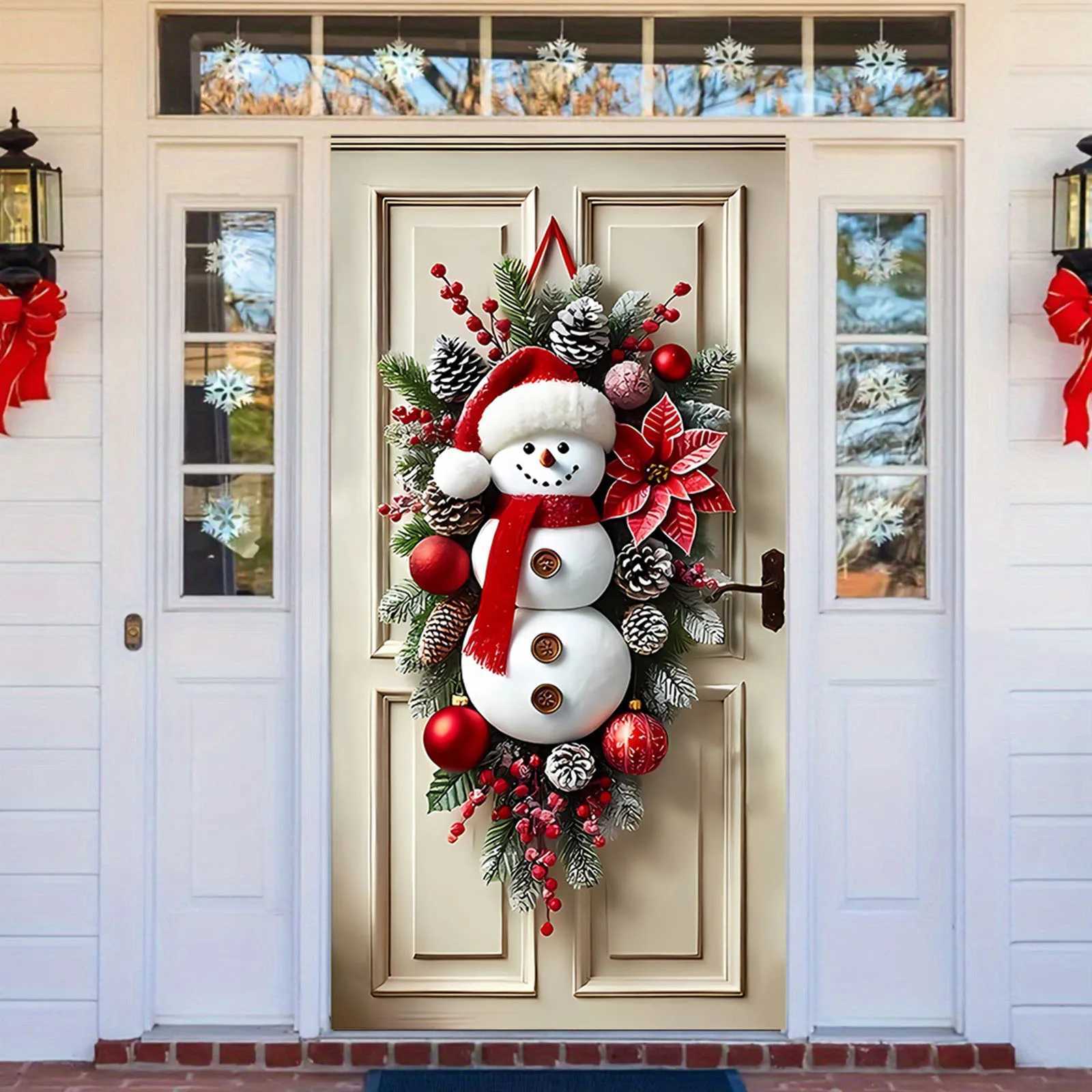 Christmas Snowman Wreath with Scarf Snowman Wreath Wall Hanging Winter Snowman Xmas Wreath for Holiday Home DecorationM251115