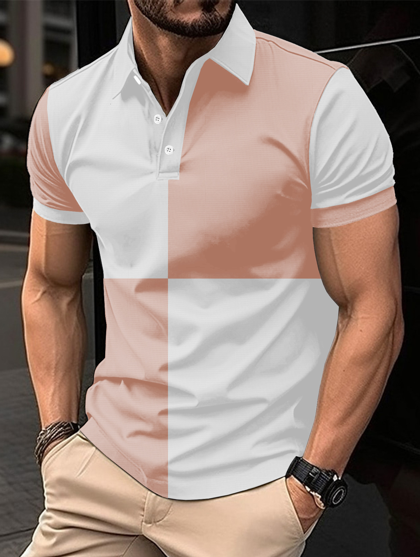 Ins new mens casual sports polo shirt short sleeved color blocked lapel mens top