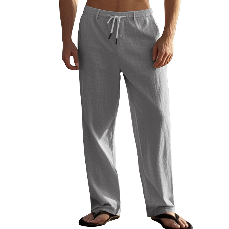 2025 new men's simple and fashionable solid color casual linen straight leg pants long