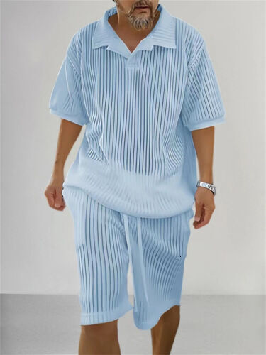 Piece Men's 2 Knitted Set, Summer Short Sleeve Shirt and Shorts Set ,
