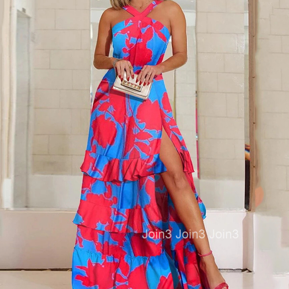 2025 Summer New Strap Dress Bohemian Dress Printed V-neck Sleeveless Dress