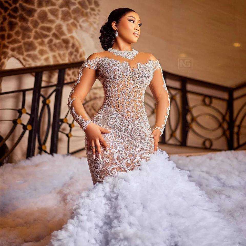 Charming Tiered Ruffles Wedding Dresses Sheer Beading Long Sleeve Mermaid Africa Bridal Gowns Customized