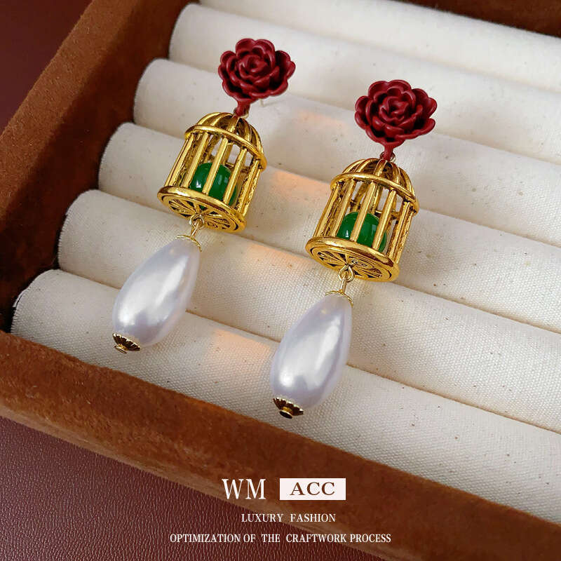 Vintage Sier Needle wer Birdcage Water Drop Pearl Light Palace Style High End Earrings