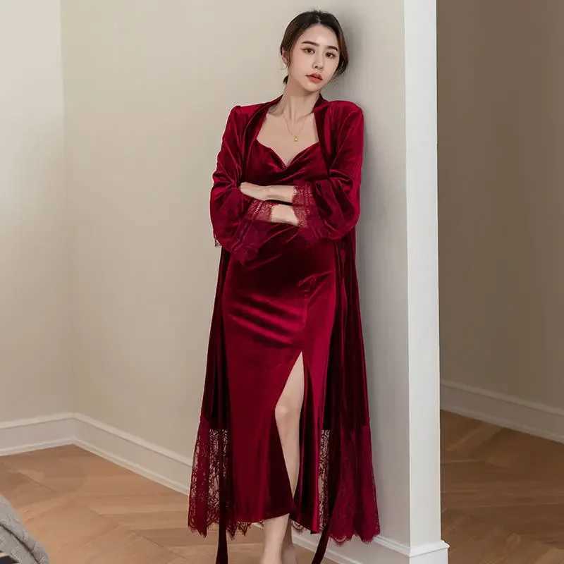 Sexy Lace Bride Wedding Robe Nightdress Set Burgundy Velvet Long Kimono Bathrobe Gown Autumn Winter Velour Homewear Lingerie C251115