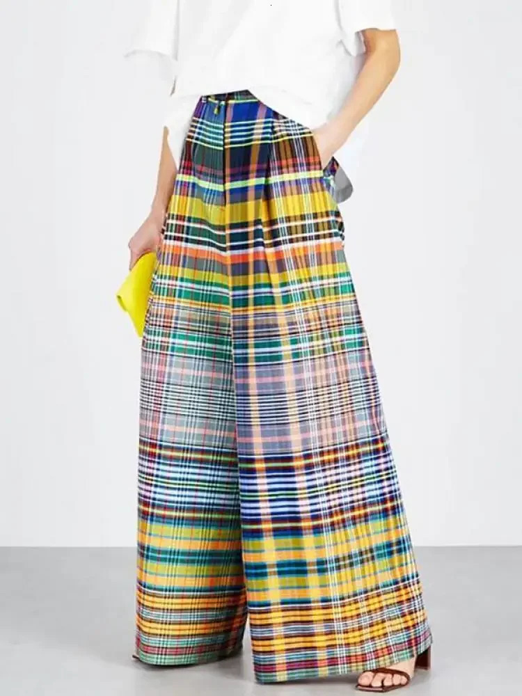 Missuoo 2024 Female Vintage Multi-colored Plaid Pants Spring and Summer Loose Casual Floor-length Wide Leg Pants for Women250414