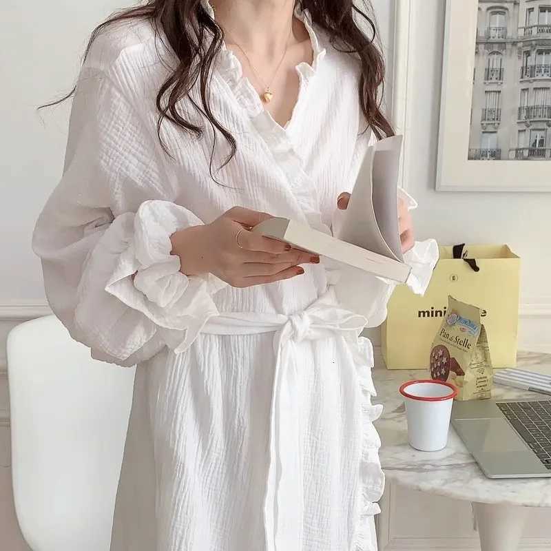 Simple Long-Sleeved Robe Female Spring and Autumn New Sweet Ins Wind Ruffled Thin Section of Solid Colour Pajamas Home Wear C251115