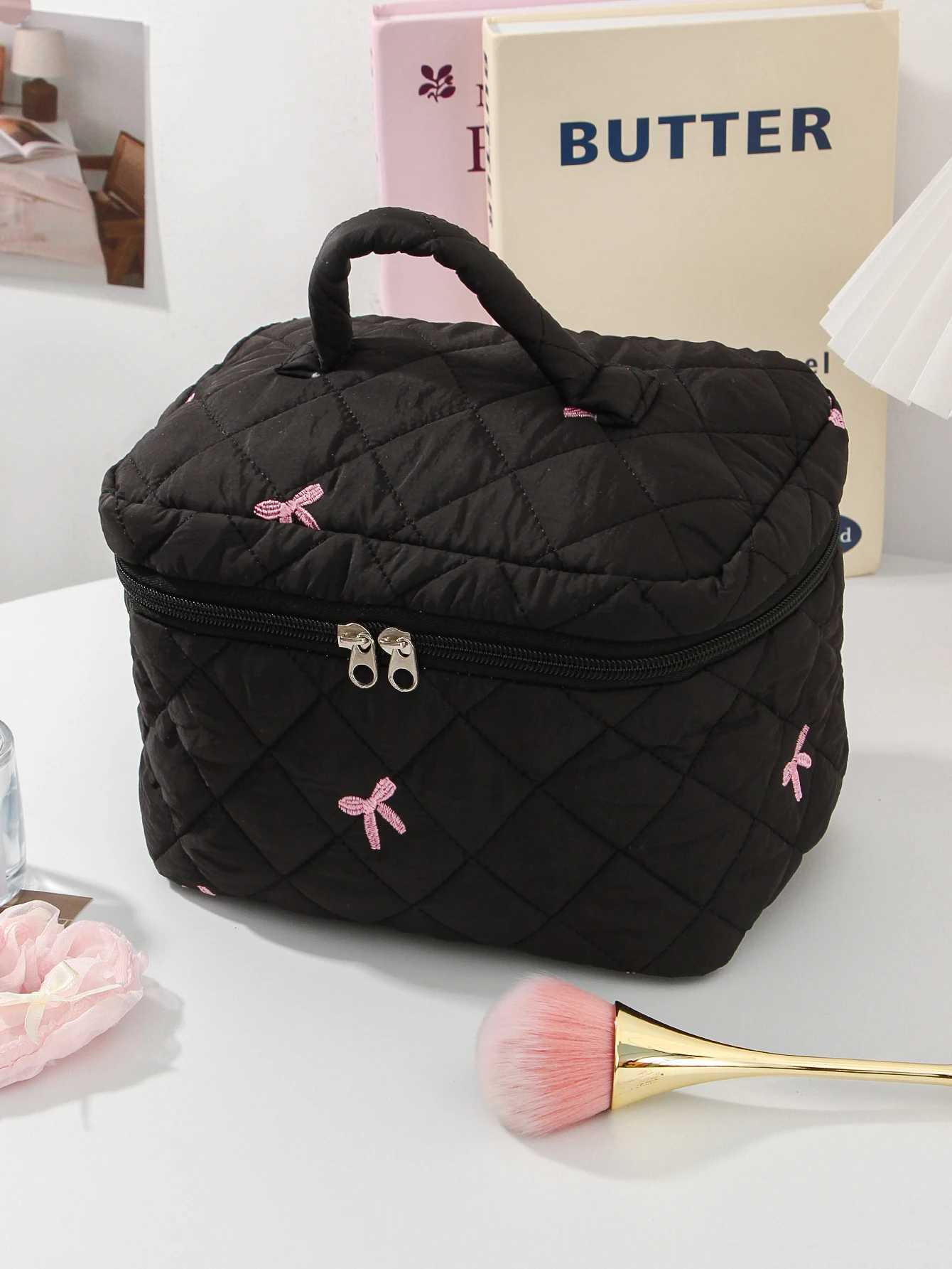1 piece/set womens bow embroidery and quilted makeup bag set cute Macar colored large capacity makeup bag makeup bagXJ250415