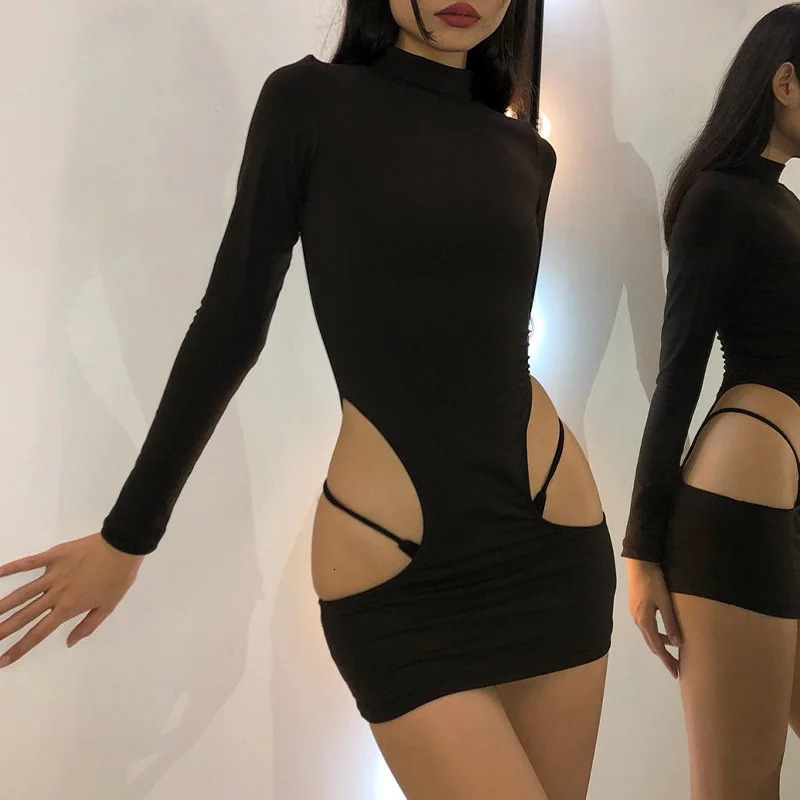 Autumn Winter Bodycon Mini Dress Cutout Long Sleeves Clothing Sexy Streetwear Party Womens Dresses Female 250415
