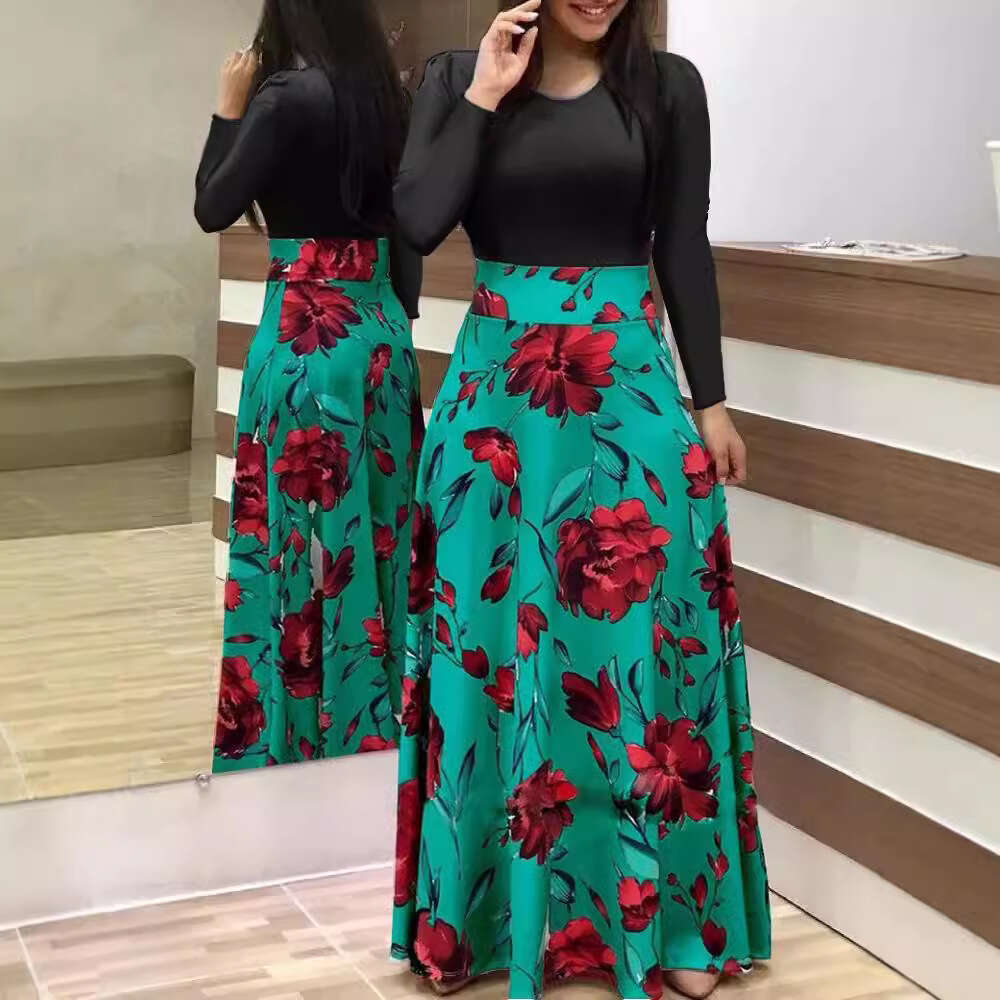 2025 Style Floral Print Color Blocked Long Sleeved Dress Short Skirt Women's Clothing