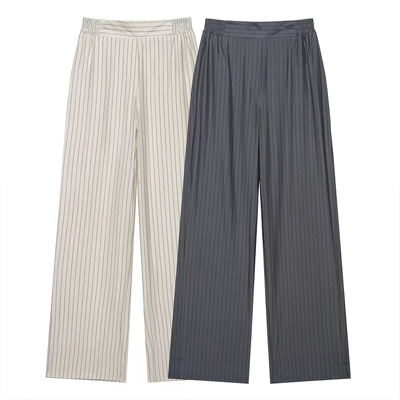 Willshela Womens Fashion Striped Wrinkle Straight Pants Retro High Elasticity Waist Full Length Trouser 250414