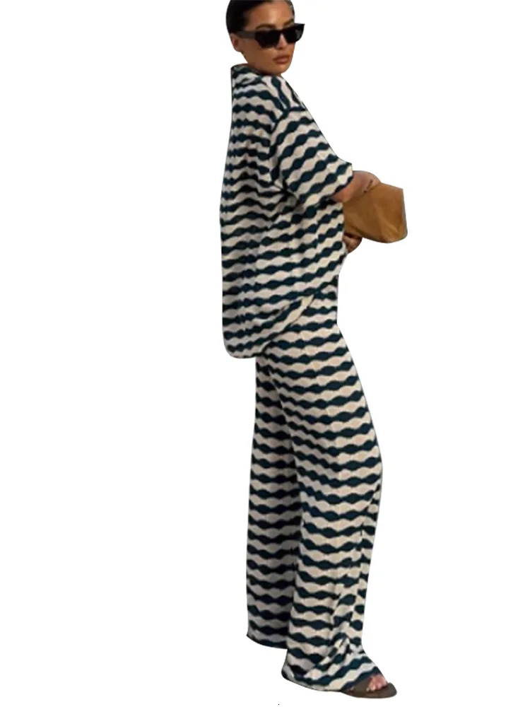 Striped pants womens set casual collar short sleeved T-shirt set loose waist wide leg pants womens set summer womens streetwear 250415