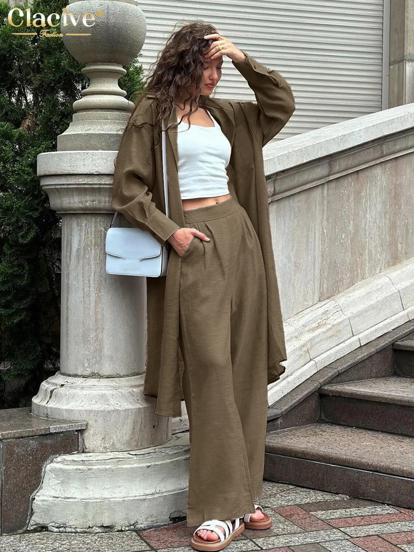 Clacive Fashion loose white 2-piece womens elegant long sleeved shirt high waist wide pants set womens clothing 250415