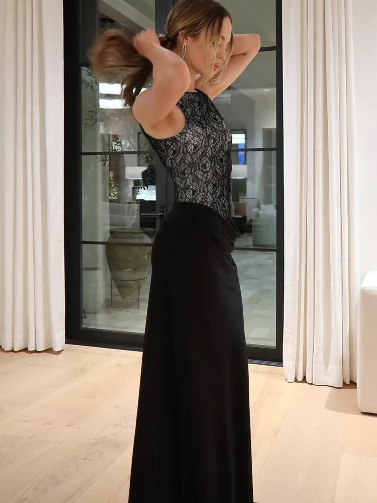 Mozision Patchwork Lace Sexy Maxi Dress Women Gown Elegant Fashion Black O Neck Sleeveless Ruched Bodycon Long Dress 2025 250415