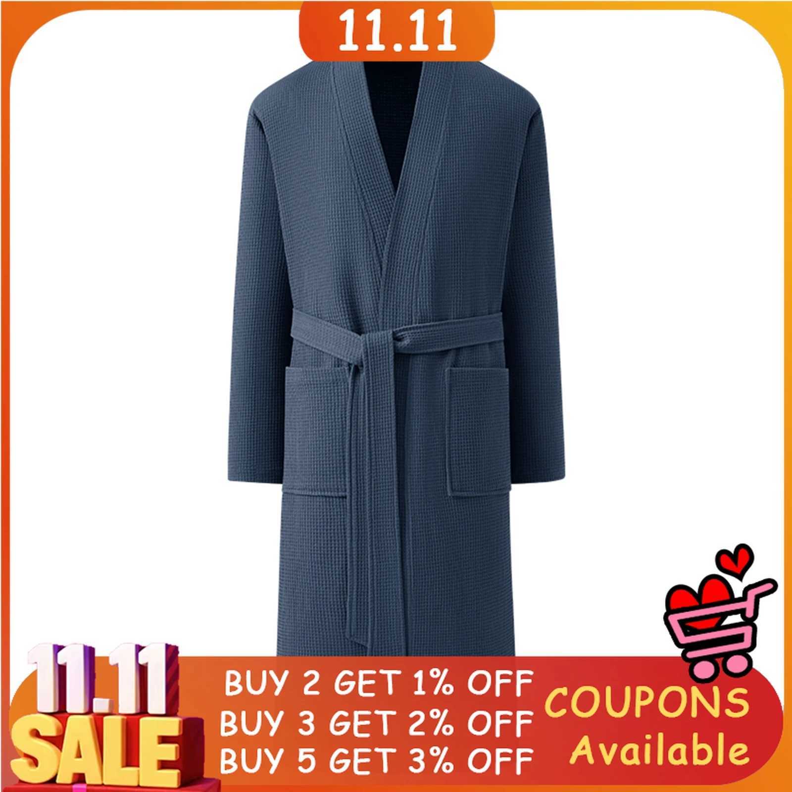 Premium Mens Bathrobe - 100 Cotton Waffle Weave in Sapphire Blue with V-Neck Tie Belt Luxury Waffle Kimono Robe - Breathable C251115