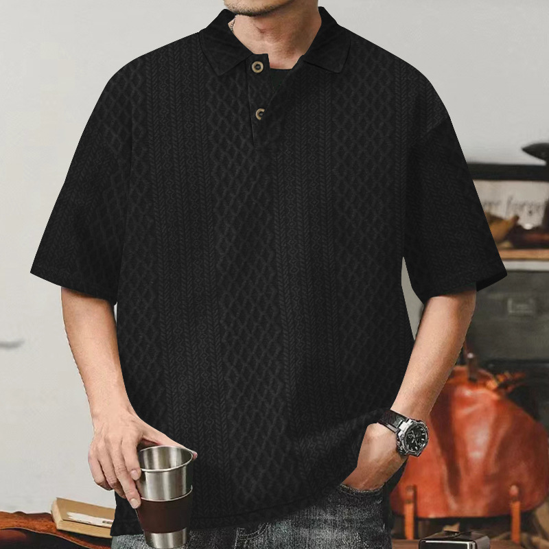 2025 short sleeved polo shirt men's summer knitted jacquard texture oversized loose lapel niche t-shirt