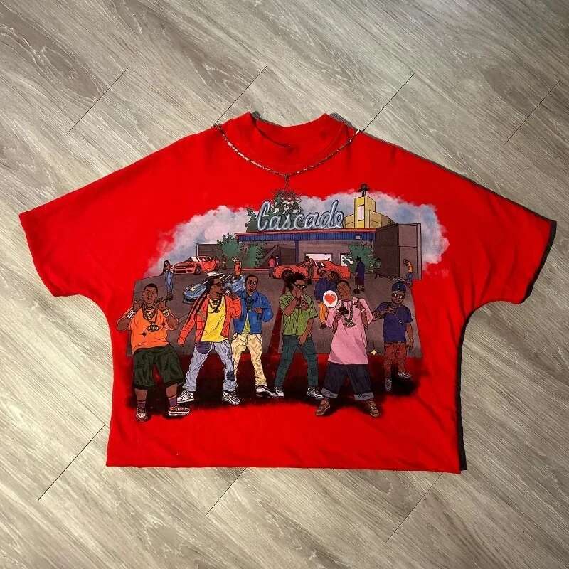 American Fashion Trend Big Head Cartoon Print Pattern T-Shirt Women's Retro Casual Loose Versatile Round Neck Short Sleeve Top