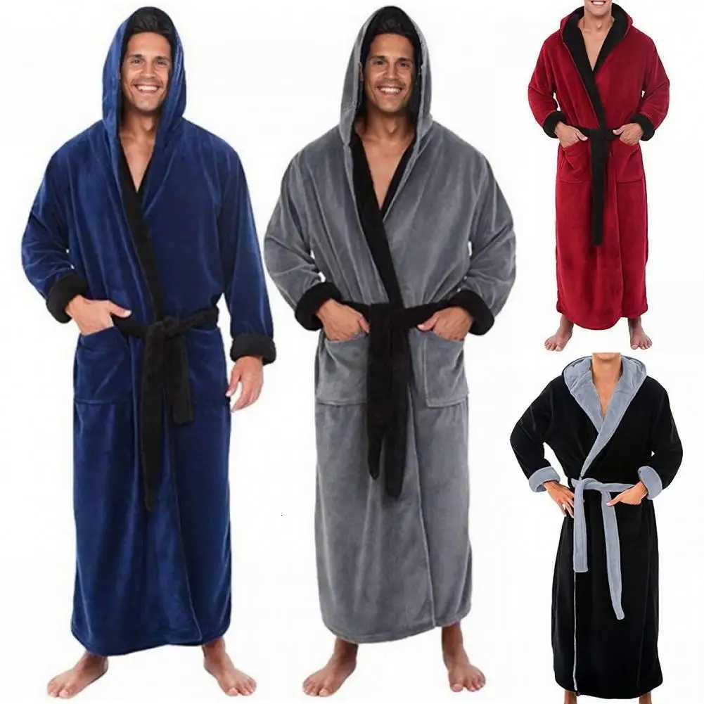 Belt Flannel Bath Robe for Men Hooded Pockets Warm Men Nightgown Men Plush Bathrobe Sleepwear Home Clothes Loose Pajamas Robe C251115