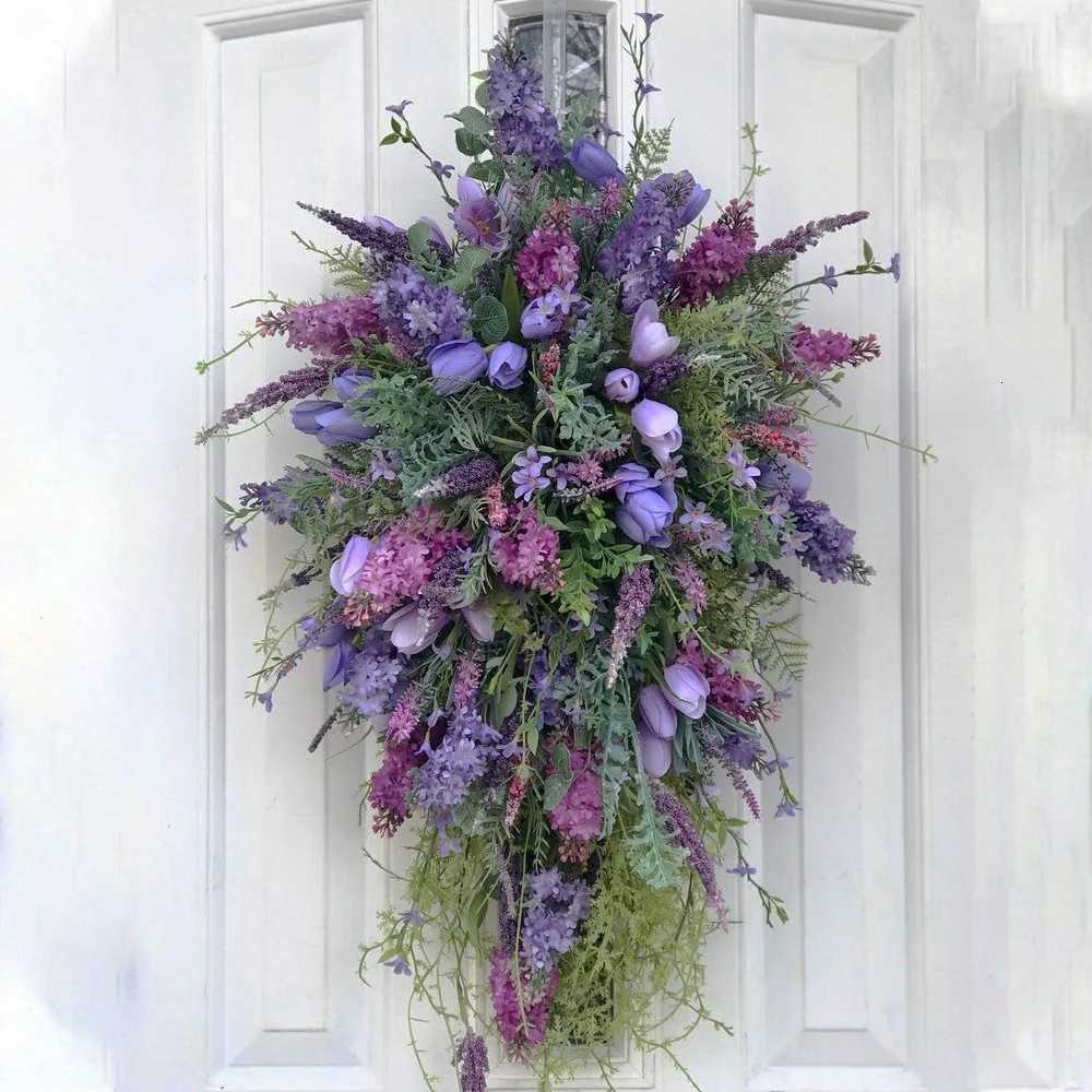 Spring Purple Tulip Wreath Summer Artificial Flower Lavender Garland Home Decoration for Wedding Entrance Garden Front DoorM251115