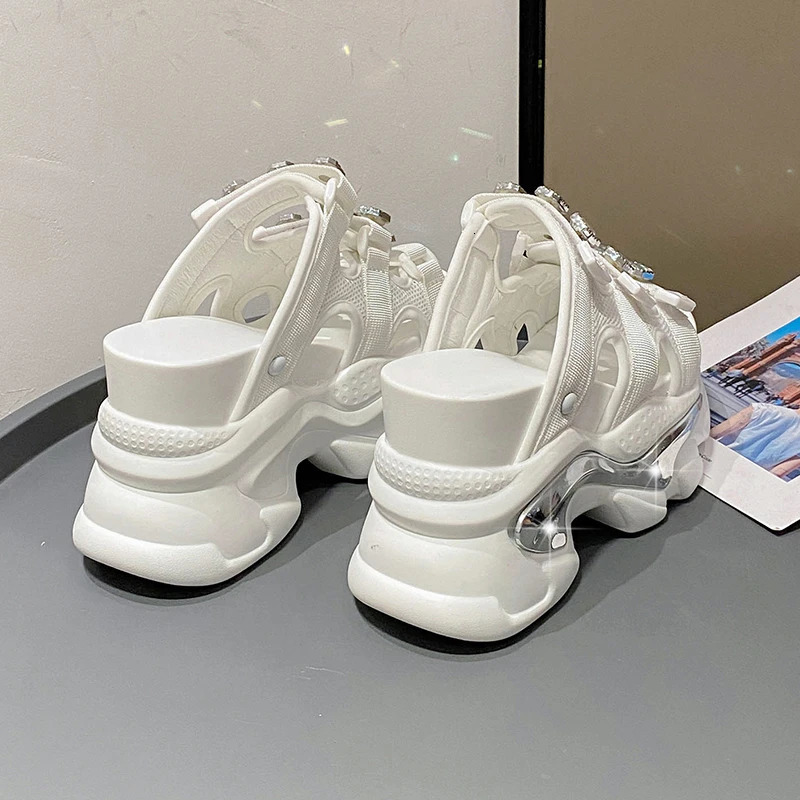 Summer breathable mesh slippers for womens outdoor short and chubby sandals wedge platform pearl shoes for womens beach flip 10.5CM 250408