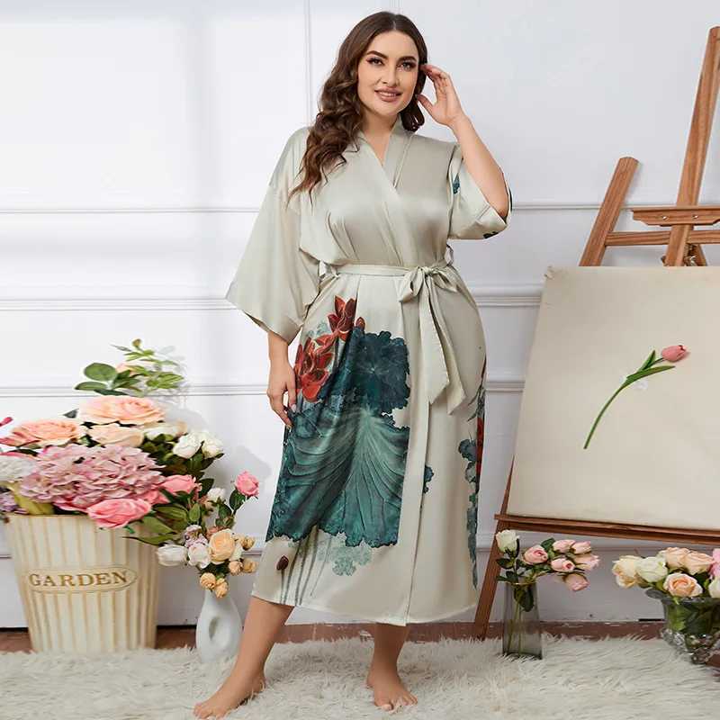 Oversized Sleepwear 2023 Autumn New Satin Robe Womens Summer Ice Silk Bathrobe Sexy Nightwear Print Kimono Casual Home Clothes C251115