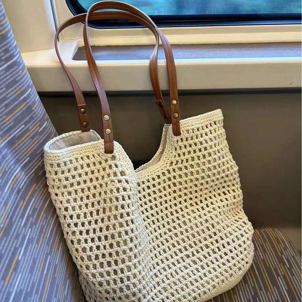 Handmade Beach Bag Leisure High-Capacity Single Shoulder Cotton Woven New Hollow Mesh Tote Seaside Vacation Beach Bag, Women's Bag Kq2