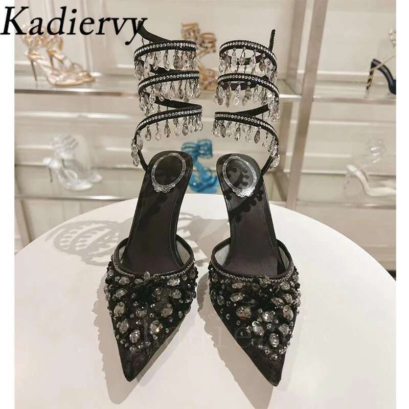 Summer High Heels Women Crystal Pendant Snake Twine Around Ankle Strap Party Shoes Pointed Toe Mesh Pumps Sandals Woman
