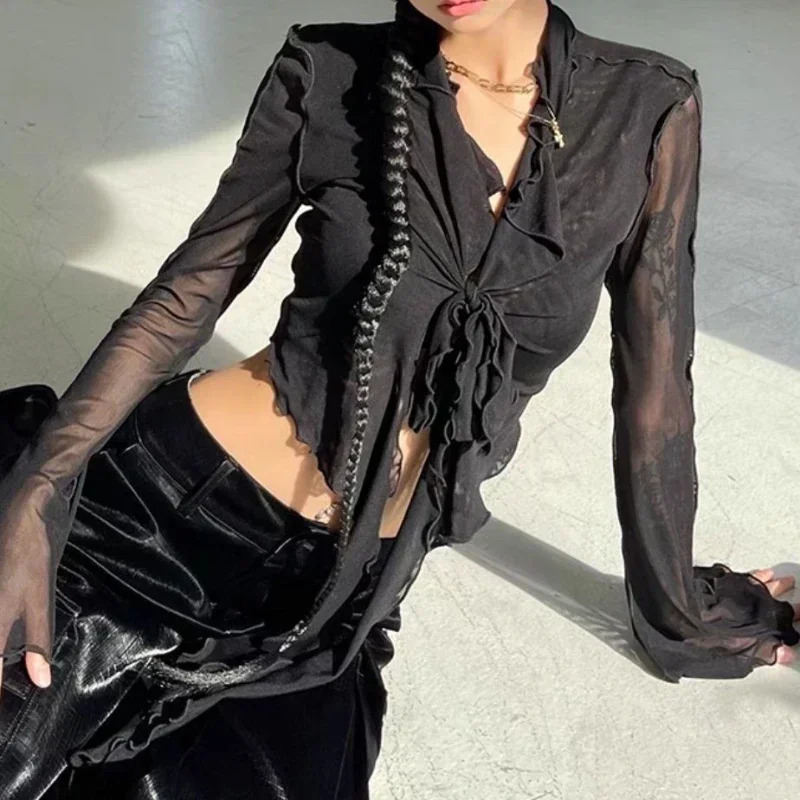 Long Flare Sleeve Blouses for Women Lace-up Mesh Sexy Sweet Girls Korean Fashion Style All-match Solid Elegant Casual 250415