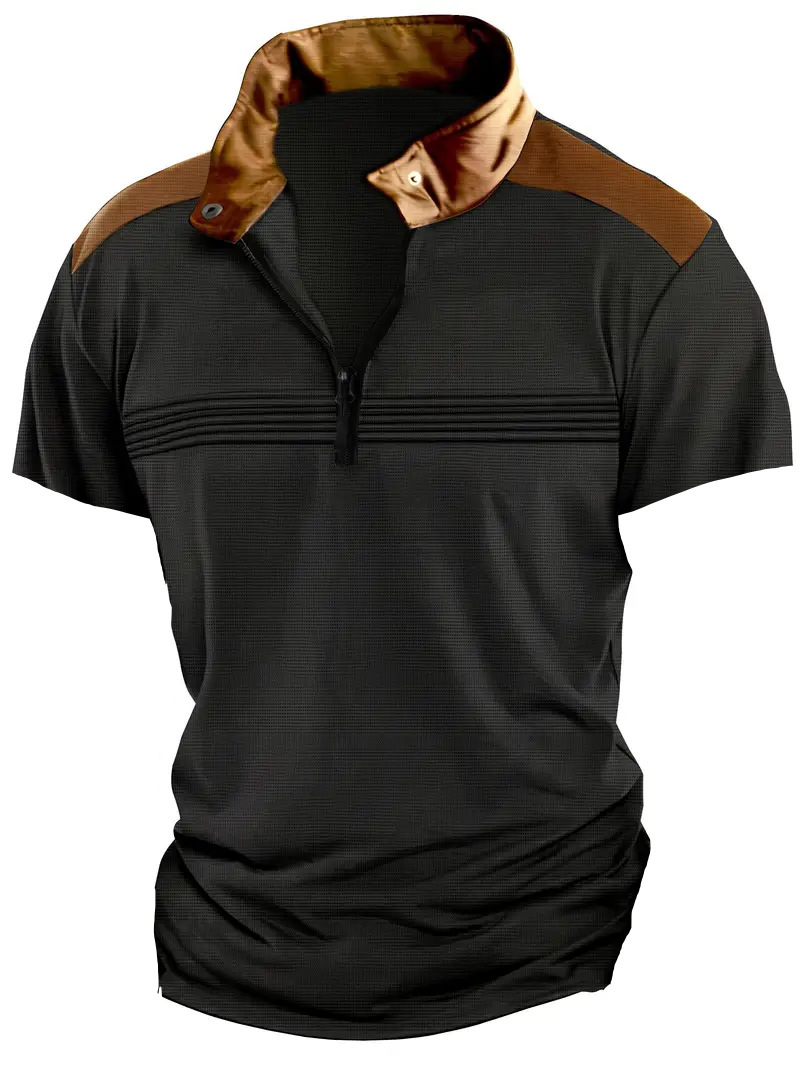 Summer new spliced wrinkled mens polo shirt with zipper and short sleeved sports polo shirt
