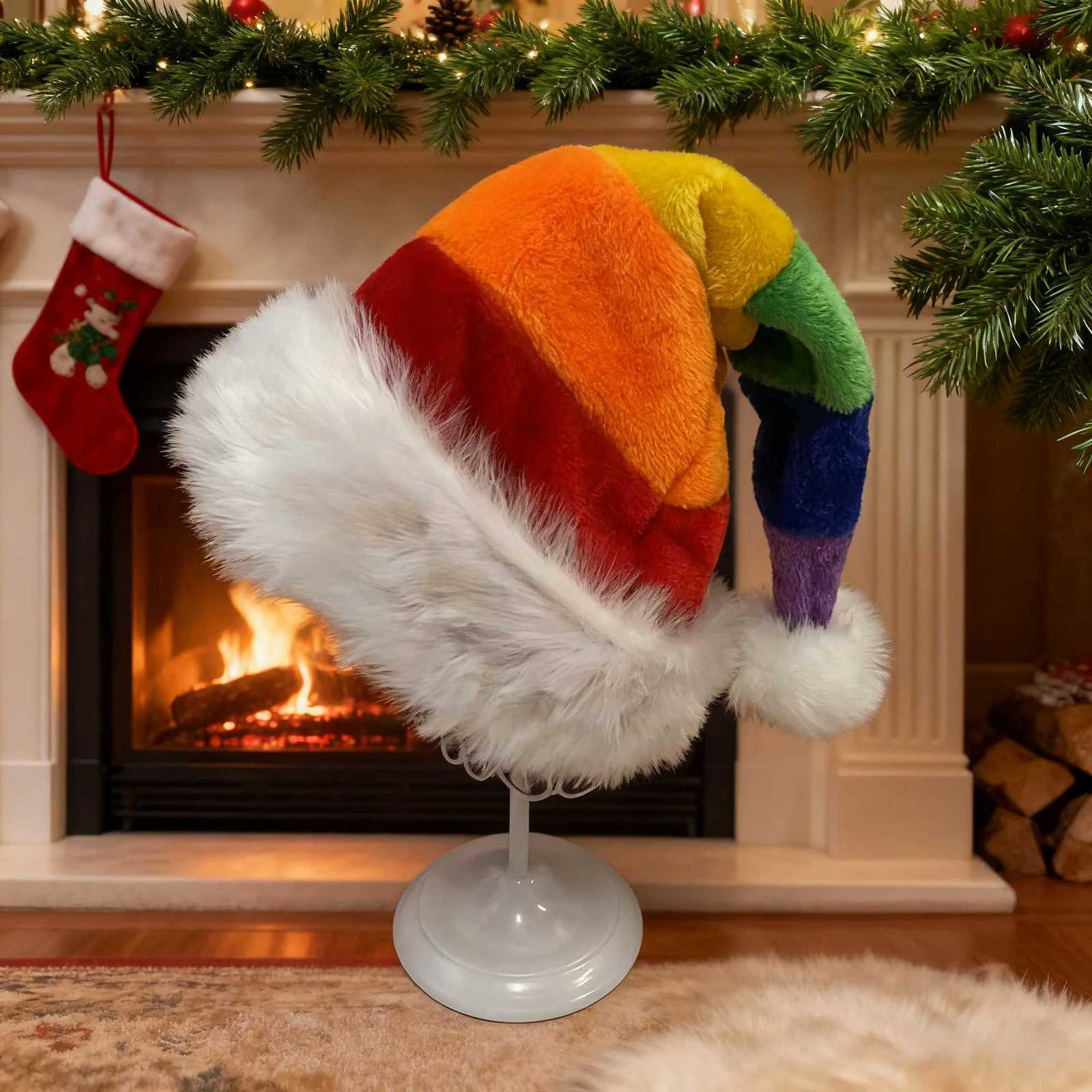 Christmas Plush Santa Hat Grinch/Rainbow Style Festive Hat Funny Xmas Party Headwear Decor for Holiday Celebrations Y251115