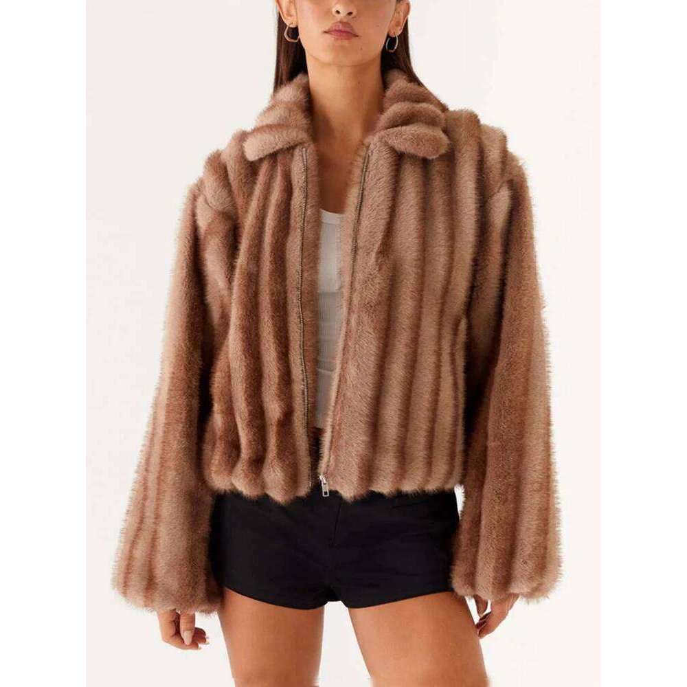 Luxury Winter Woman Turn Down Collar Zipper Loose Casual Fluffy Jacket Top Womens Coat Fur Faux Coats
