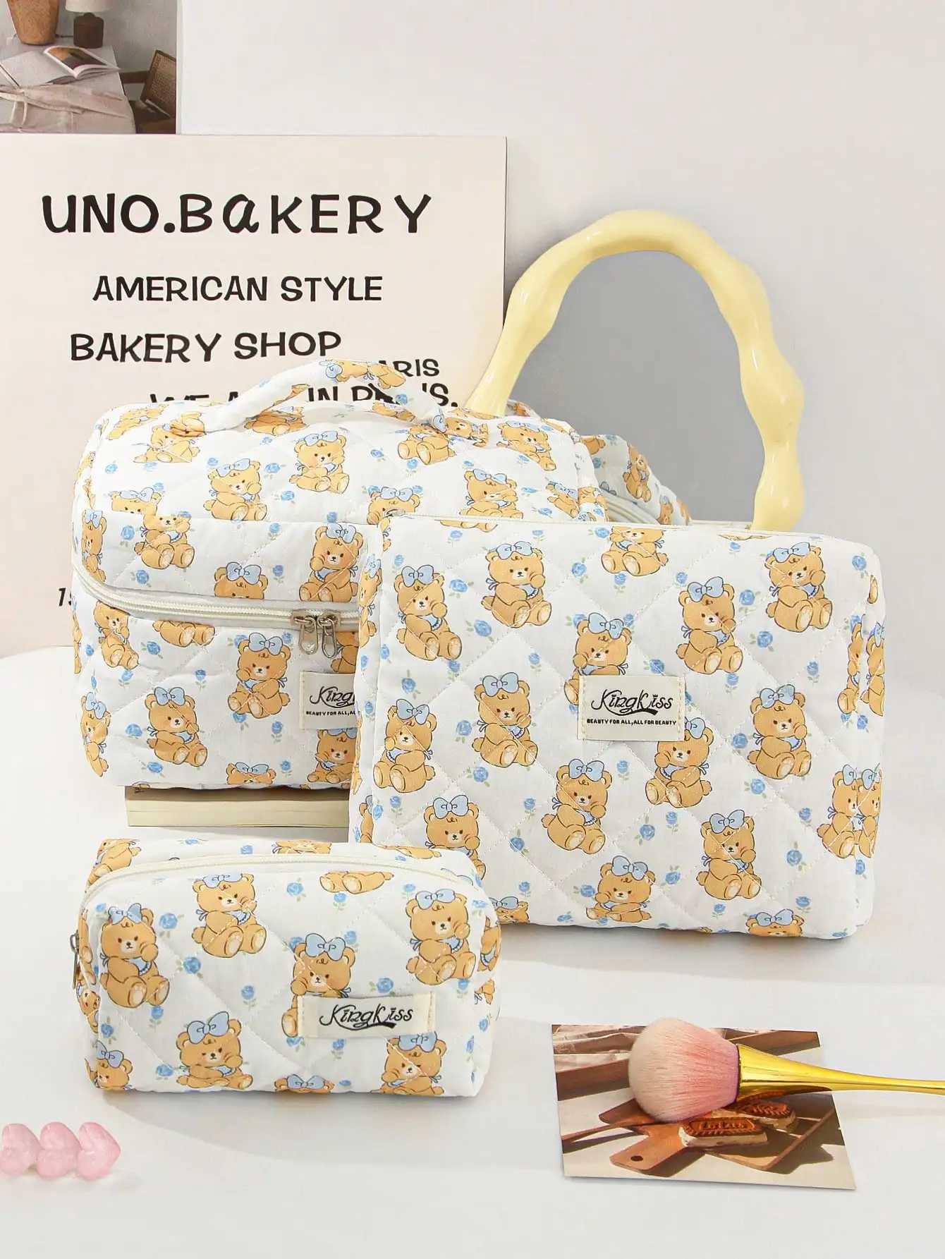 1 piece/set of cute blue flower and bow bear pattern printed large capacity cosmetic storage bag organizer gift for friends and teachersXJ250415