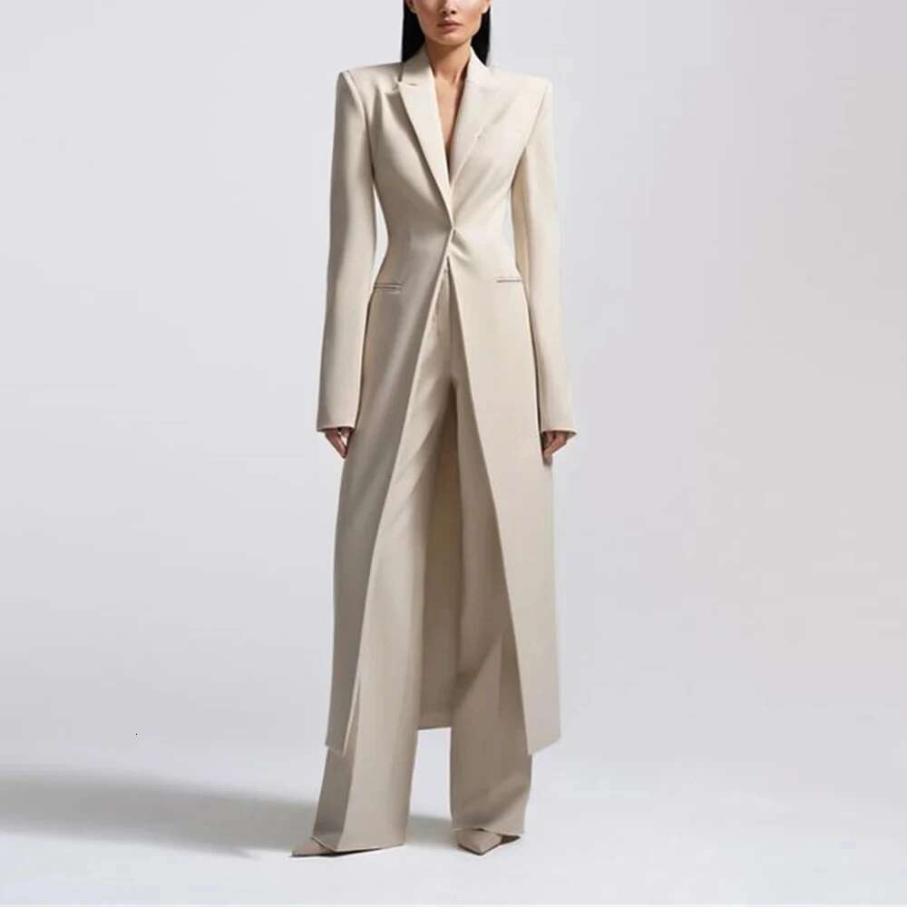 Fashion Beige Women's Blazer Pantssuit Peak Lapel Long Coat Wedding Formal Suits Office Lady Jacket Pant 2 Piece