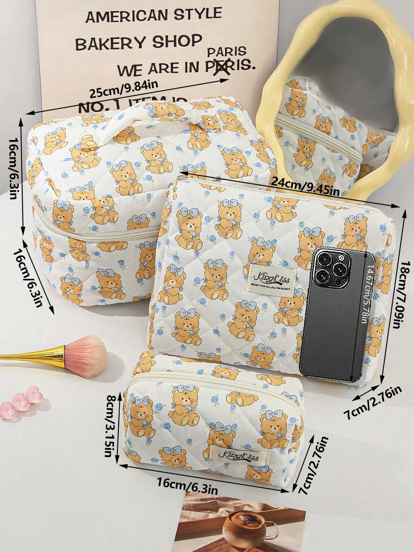 1 piece/set of cute blue flower and bow bear pattern printed large capacity cosmetic storage bag organizer gift for friends and teachersXJ250415
