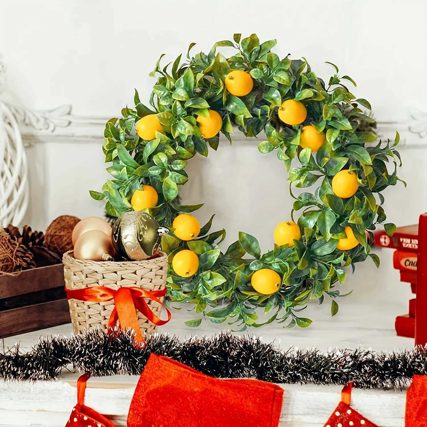 45cm Lemon Artificial Wreath Realistic Front Door Wreath Spring Summer Wreath for Farmhouse Yard Festival Garden Indoor OutdoorM251115