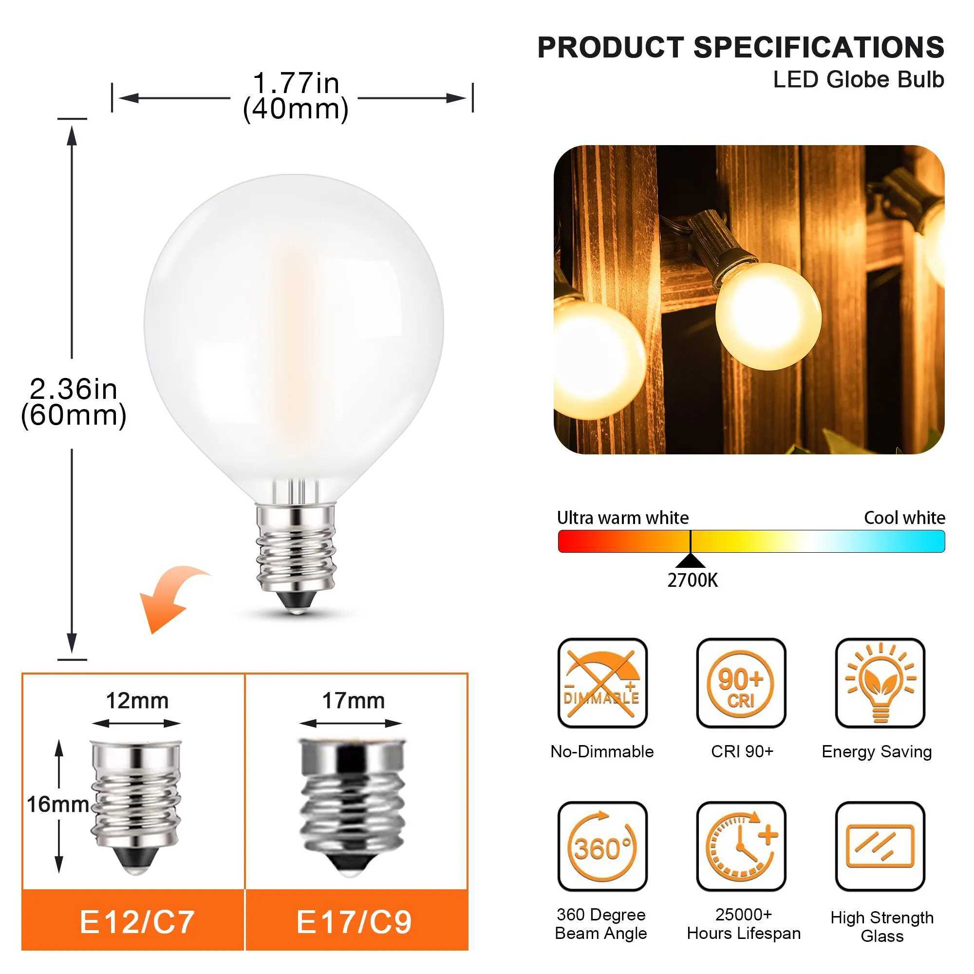 15PCS LED Filament Garland Replace Bulb E12 G40 Frosted White 1W 2700K Backyard Outdoor String Light Replacement Bulb Decorative C251115