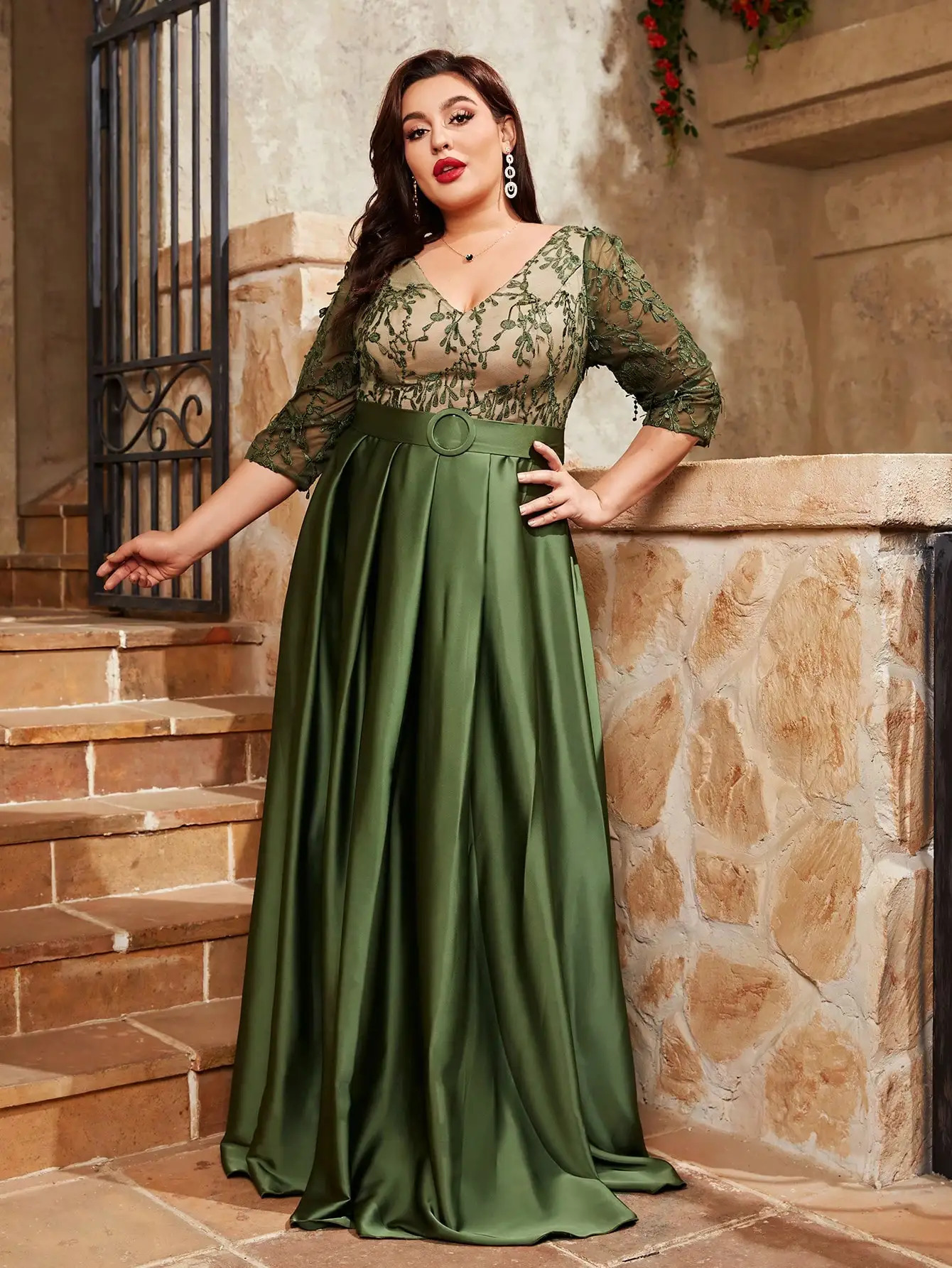Mgiacy plus size Vneck impregnated lace long sleeved color contrast patch work satin border buckle full skirt 250407