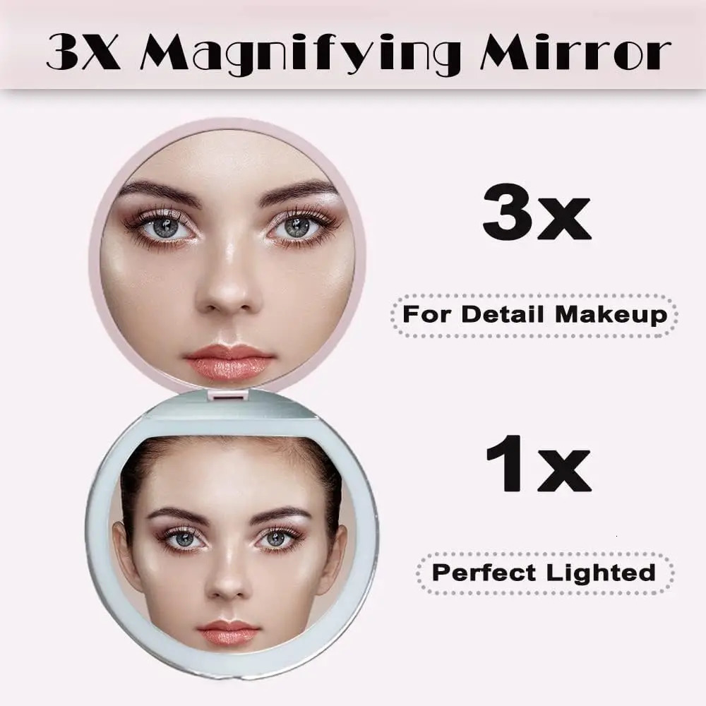 LED Compact Mirror with Lights 1X3X Magnification Pocket Mirror with Rechargeable Travel Portable Handheld Mirror for Gifts 250415