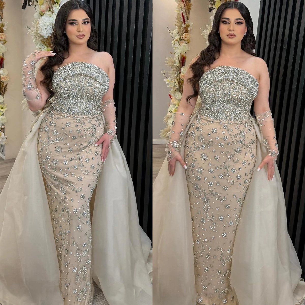 Gorgeous Crystal Beads Evening Dresses Strapless Prom Gowns Detachable Train Slim Customized Formal Occasion Plus Size Sweep Train Party Dress Vestido