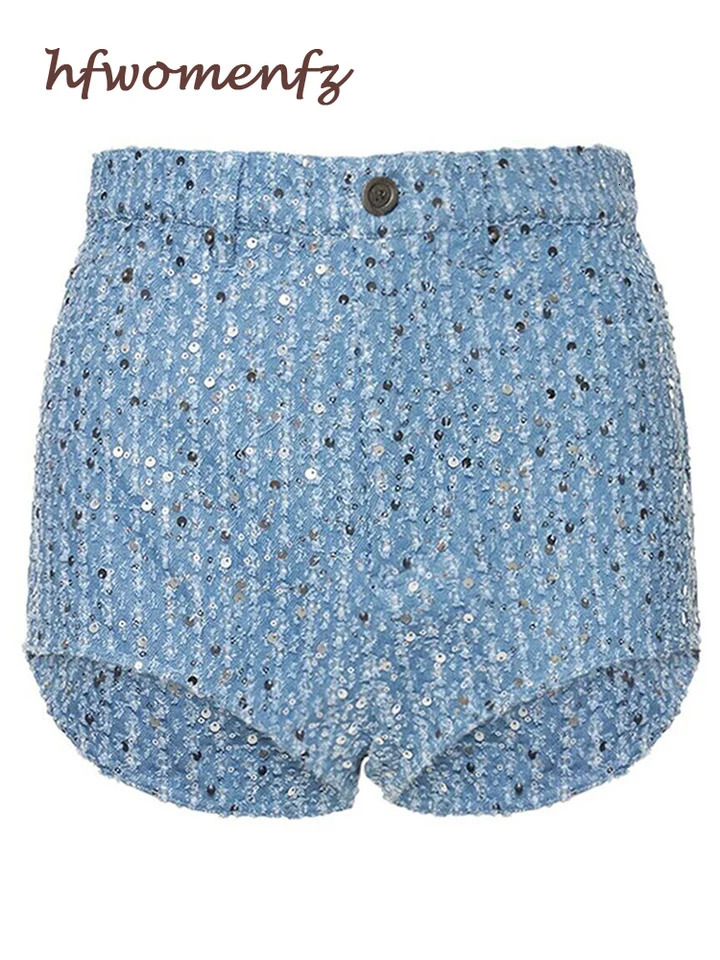 Womens denim sequin shorts set 2-piece long sleeved lapel jacket ultra-thin shorts set for womens spring set 250409