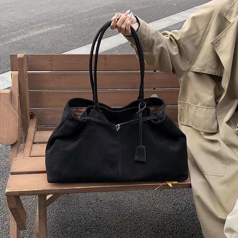 Women Suede Tote Solid Color Handbag Large Capacity Underarm Satchel Bag For Work Travel Shopping