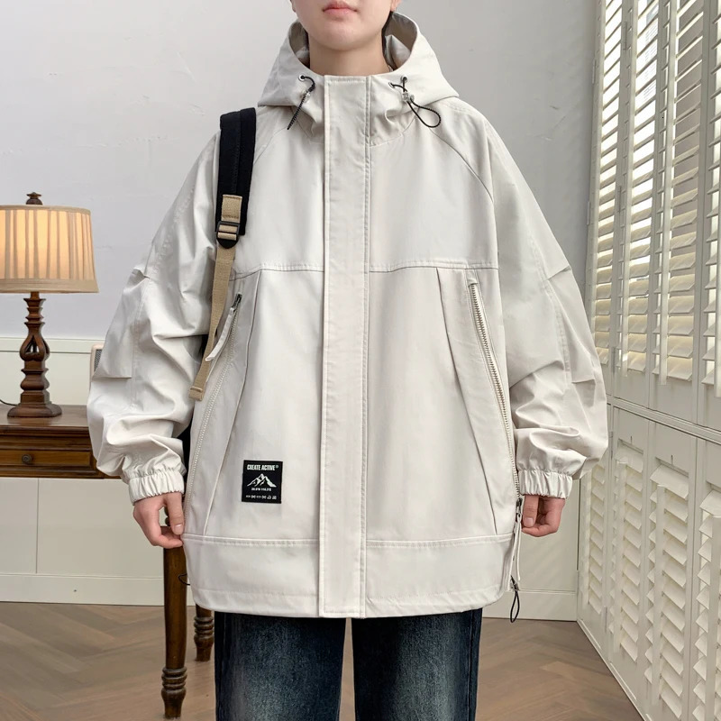 Mens jacket Korean style loose casual work jacket fashionable street student jacket outdoor waterproof solid color fashionable mens jacket 250415