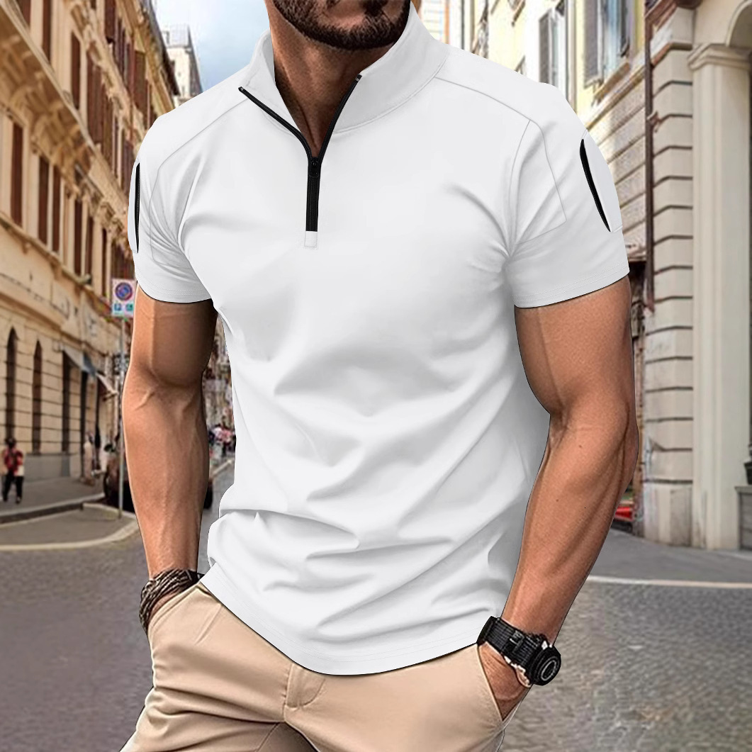 Mens POLO Summer Daily Casual Tactical Training Splicing Arm Pocket Stand up Collar Solid Color Short Sleeve