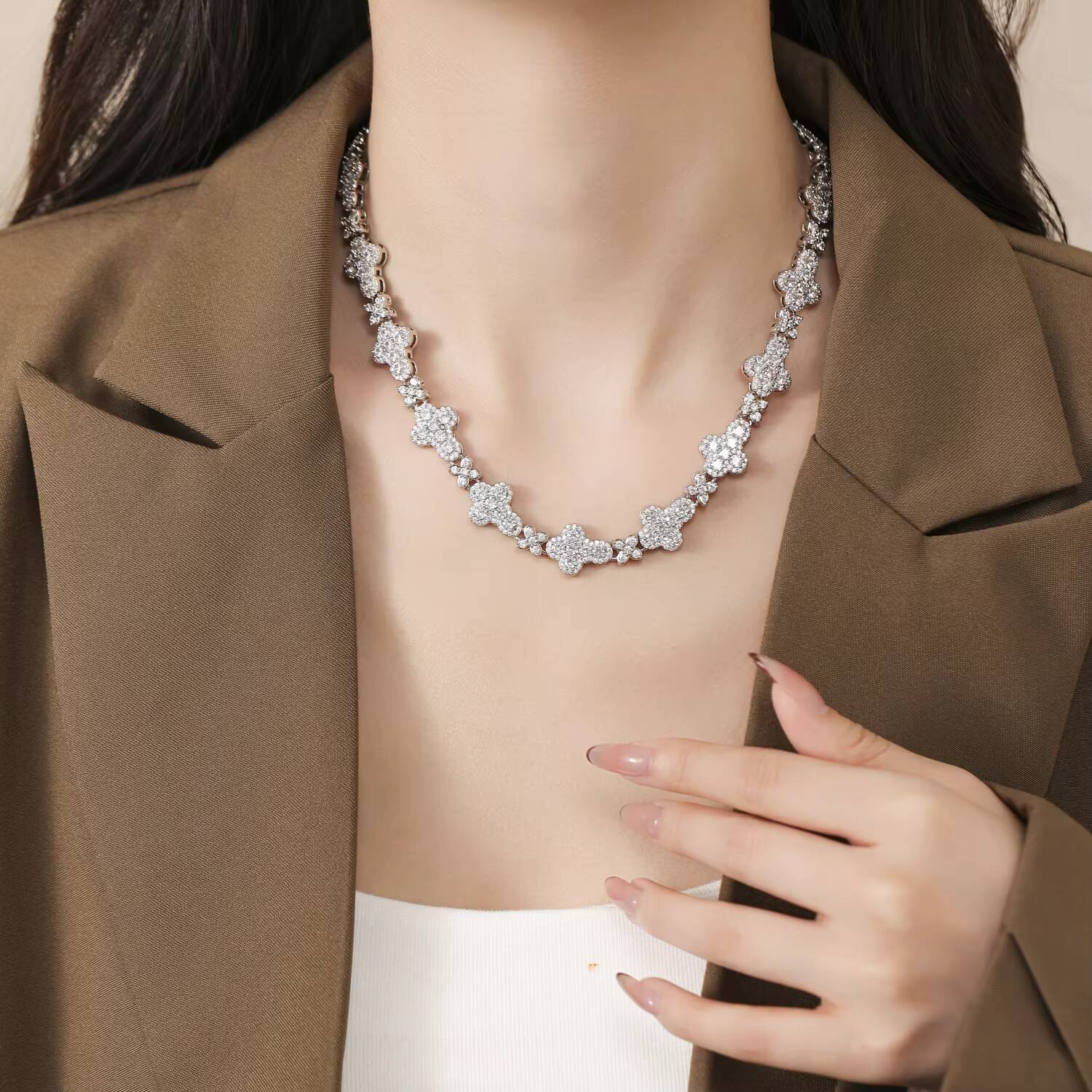 Stylish New Arrival Fashion Femme Design 925 Silver VVS Moissanite Diamond Iced Out Four Leaf Clover Cross Tennis Chain Bracelet