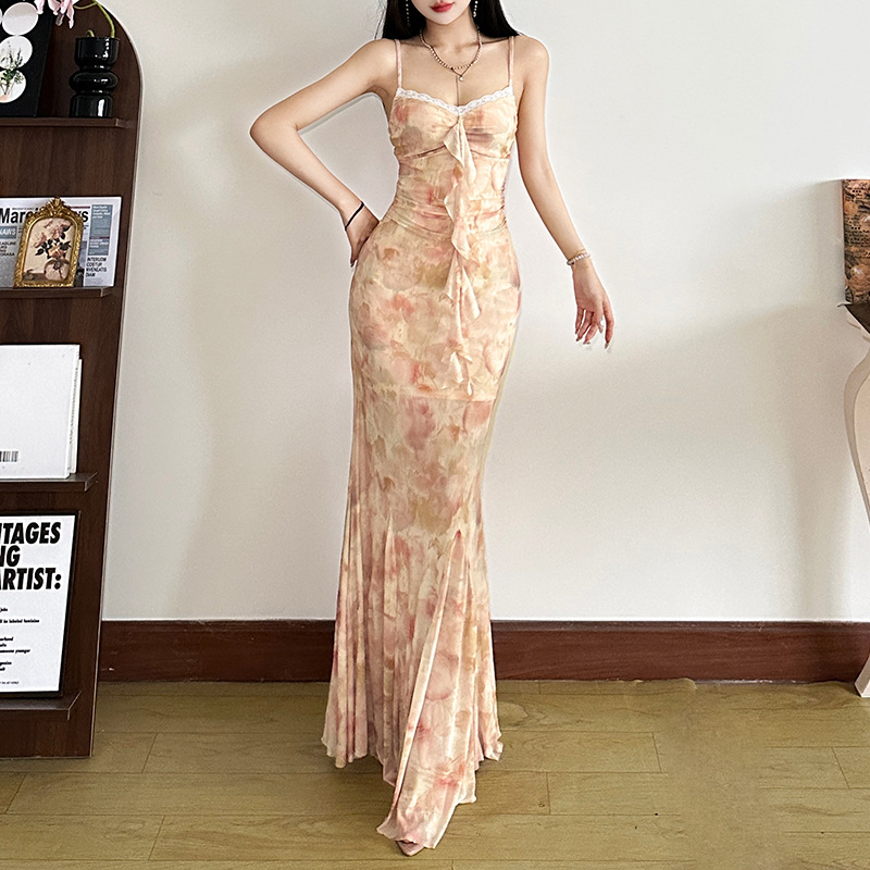 S42Charming Ladies' Mesh-Printed Splice Lace Dress Featuring Modern French Style
